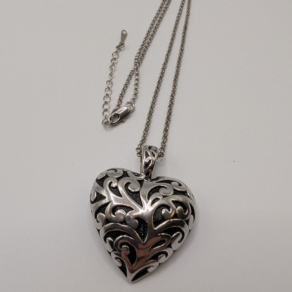 Sterling 925 Filigree Heart Charm 18krgp Chain Necklace 9" Drop EUC